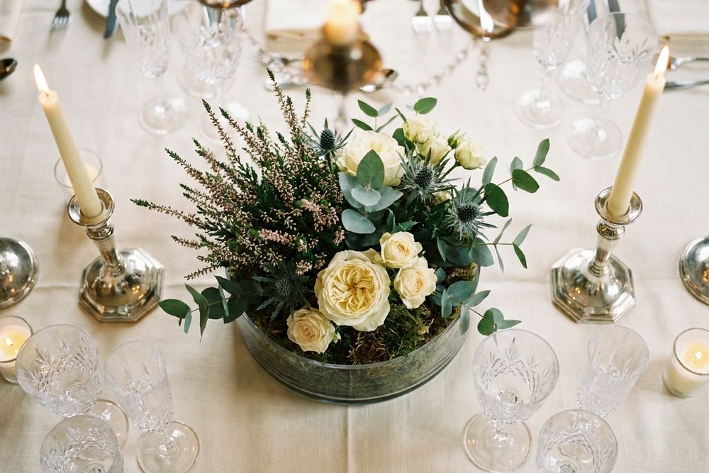 A table centerpiece at a formal event setting.