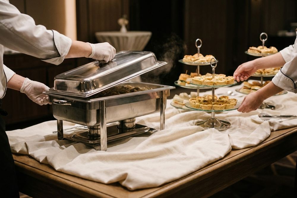 Drop-off catering trays staged and ready to serve.