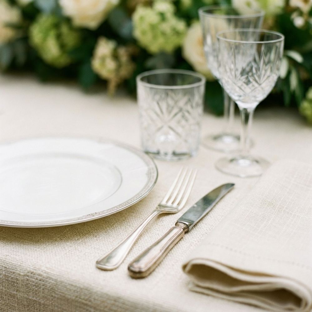Close-up detail of a formal place setting — cream linen, polished silverware.
