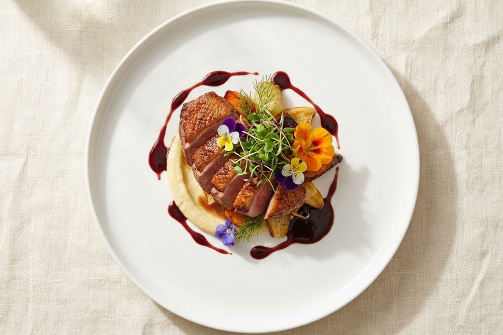 A plated entree, formally presented.