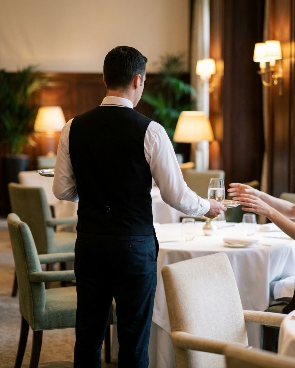 A server in formal attire attending to a table setting.